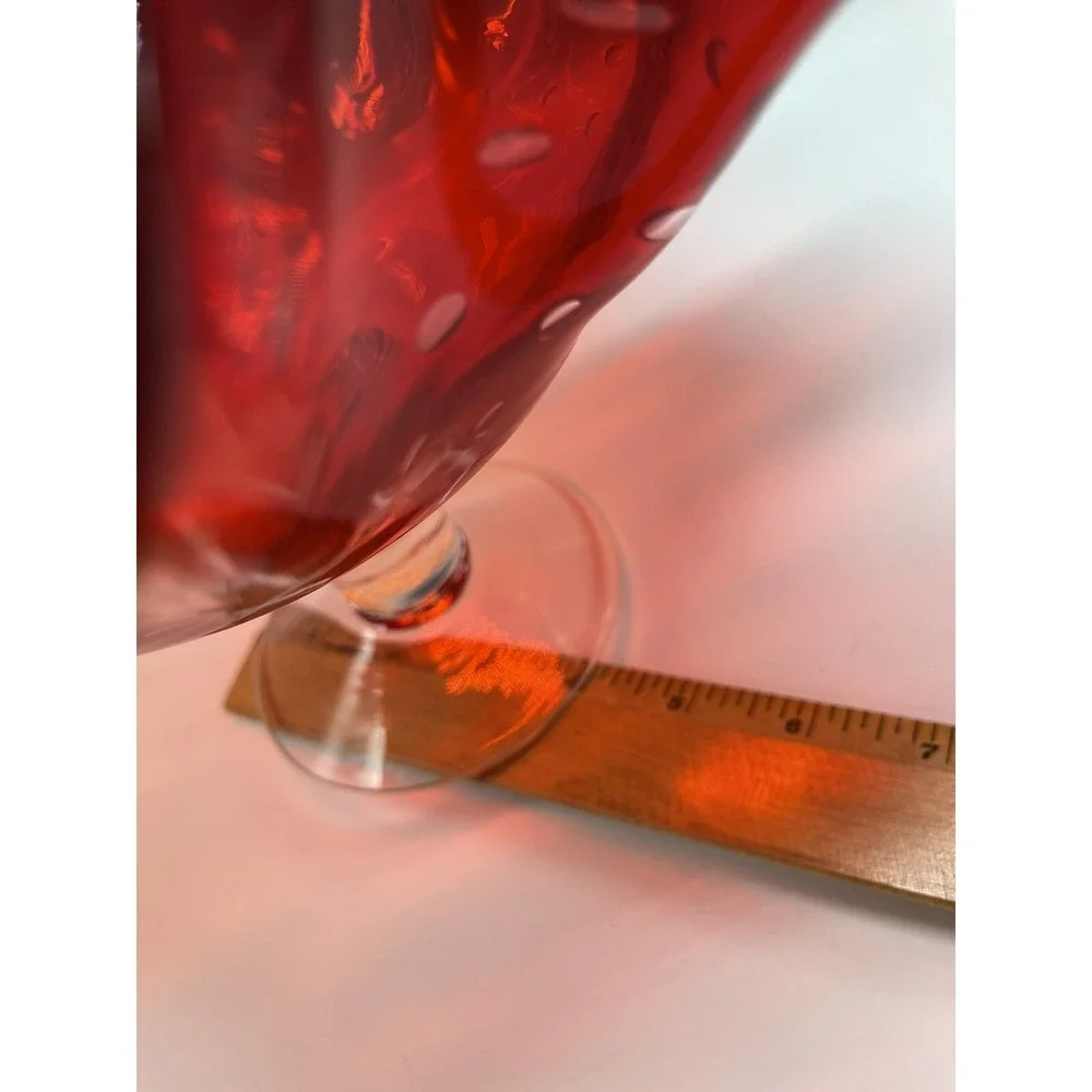 Vtg‎ Bischoff Amberina Ruffled Compote Bowl Bubbles Glass Clear Stem Banana Boat